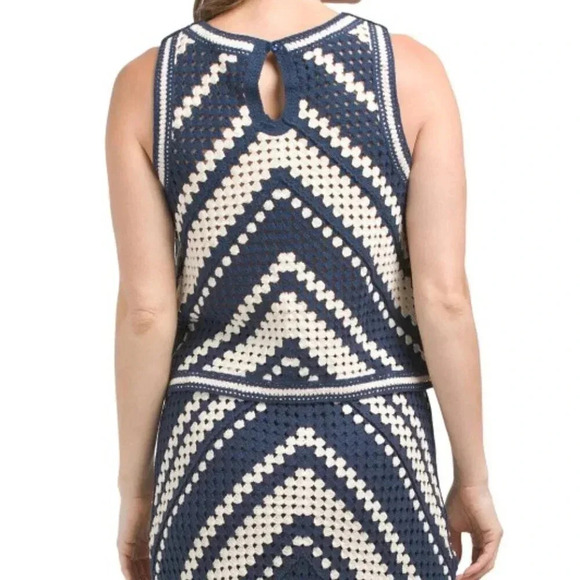 2PC Knit Crochet Top And Skirt (Color: Navy & Cream) - Picture 2 of 3